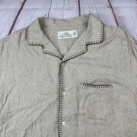 Abercrombie Fitch Summer Linen Blend Shirt Mens Medium Khaki Button Up Cotton - Picture 3 of 9